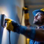 A photograph of a lighting contractor expertly installing or adjusting an outlet in a well-lit environment