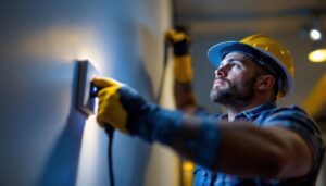A photograph of a lighting contractor expertly installing or adjusting an outlet in a well-lit environment