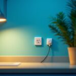 A photograph of a well-organized laundry room featuring a modern electrical outlet specifically designed for dryers