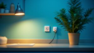 A photograph of a well-organized laundry room featuring a modern electrical outlet specifically designed for dryers