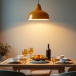 A photograph of a stylish hanging dining room light fixture elegantly illuminating a beautifully set dining table