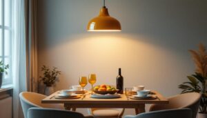 A photograph of a stylish hanging dining room light fixture elegantly illuminating a beautifully set dining table