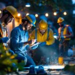 A photograph of a diverse team of workers collaborating in an outdoor setting