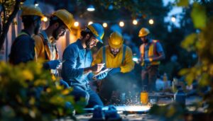 A photograph of a diverse team of workers collaborating in an outdoor setting