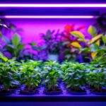 A photograph of a well-lit indoor gardening setup featuring vibrant plants illuminated by grow tube lights