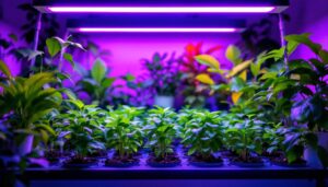 A photograph of a well-lit indoor gardening setup featuring vibrant plants illuminated by grow tube lights