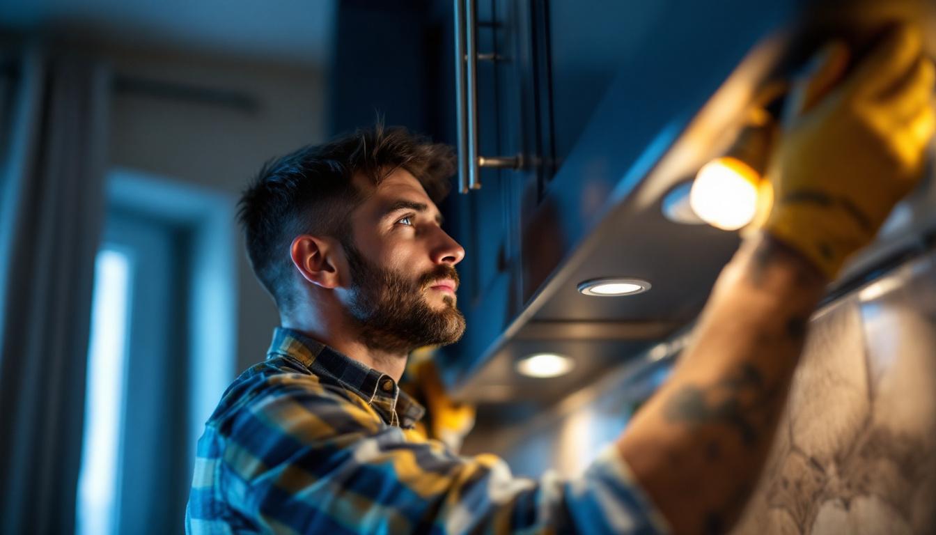 A photograph of a skilled lighting contractor carefully replacing a bulb under a stylish kitchen cabinet