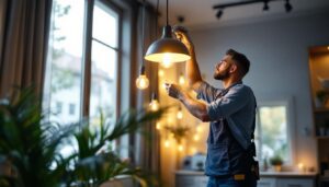 A photograph of a lighting contractor skillfully installing a stylish light fixture in a beautifully designed space