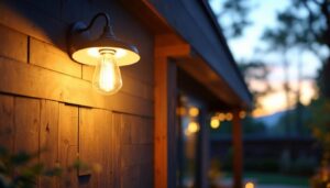 A photograph of a beautifully designed flush mount barn light installed in an inviting outdoor setting