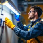 A photograph of a skilled electrician replacing a fluorescent socket in a well-lit commercial space