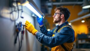 A photograph of a skilled electrician replacing a fluorescent socket in a well-lit commercial space