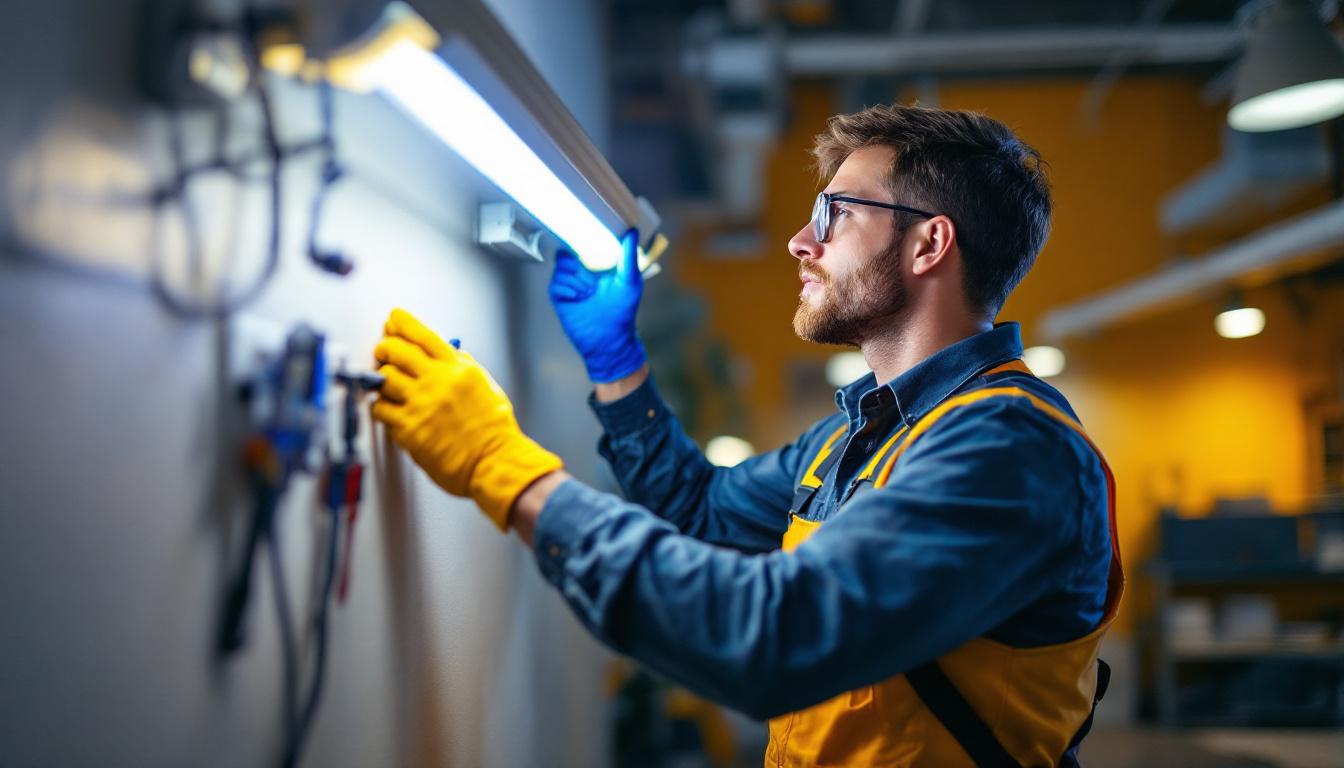 A photograph of a skilled electrician replacing a fluorescent socket in a well-lit commercial space