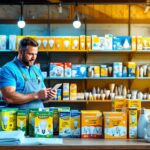 A photograph of a well-organized display of various light bulb brands