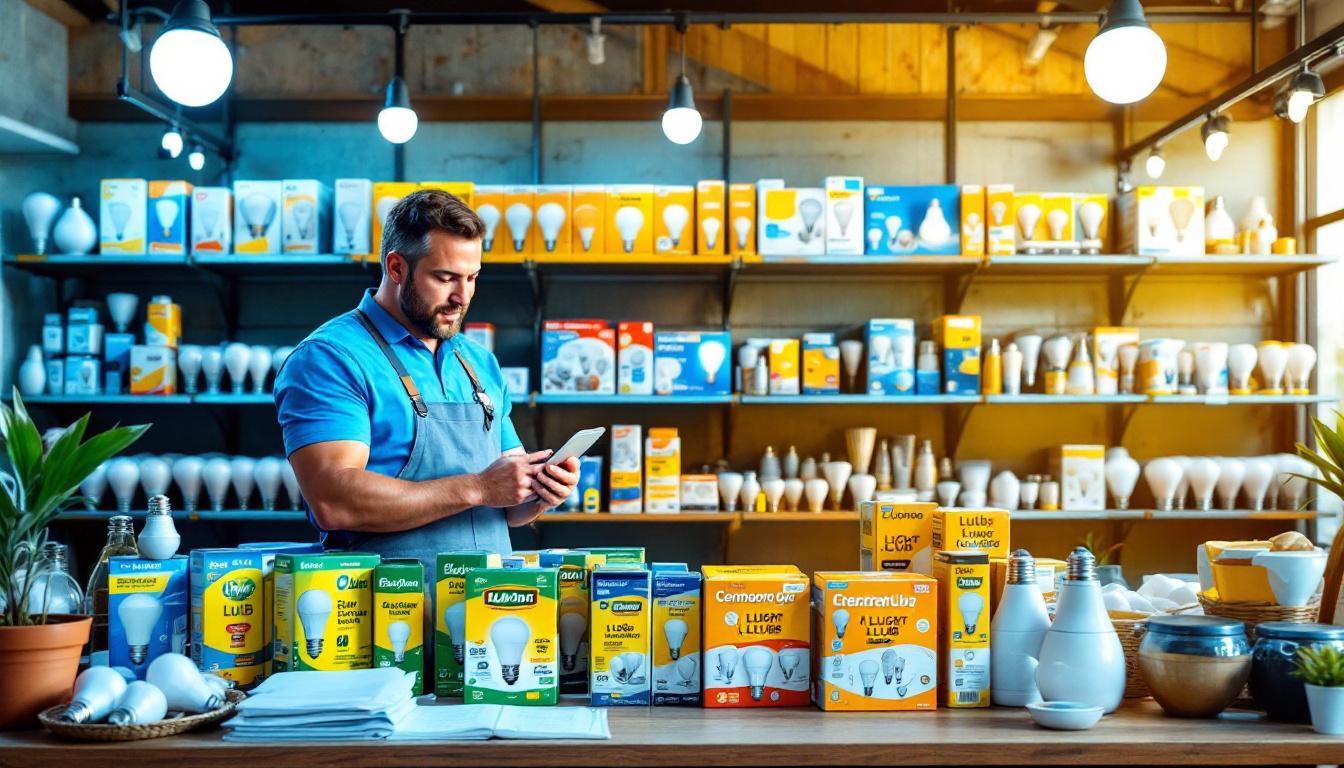 A photograph of a well-organized display of various light bulb brands