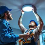 A photograph of a lighting contractor expertly installing a retrofit can light in a modern ceiling