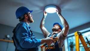 A photograph of a lighting contractor expertly installing a retrofit can light in a modern ceiling