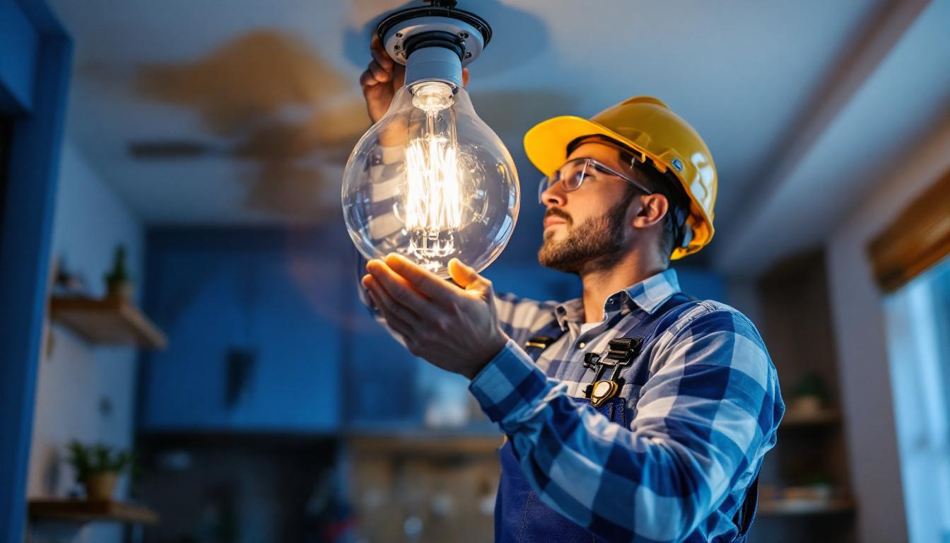 A photograph of a lighting contractor carefully installing a halogen lamp in a residential setting