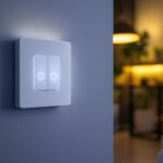 A photograph of a modern z-wave dimmable switch installed in a stylish home setting