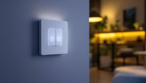 A photograph of a modern z-wave dimmable switch installed in a stylish home setting