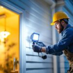 A photograph of a lighting contractor efficiently installing an emergency floodlight in a residential setting