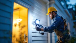 A photograph of a lighting contractor efficiently installing an emergency floodlight in a residential setting