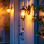 A photograph of a beautifully illuminated front door with an elegant outdoor light fixture