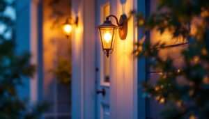A photograph of a beautifully illuminated front door with an elegant outdoor light fixture
