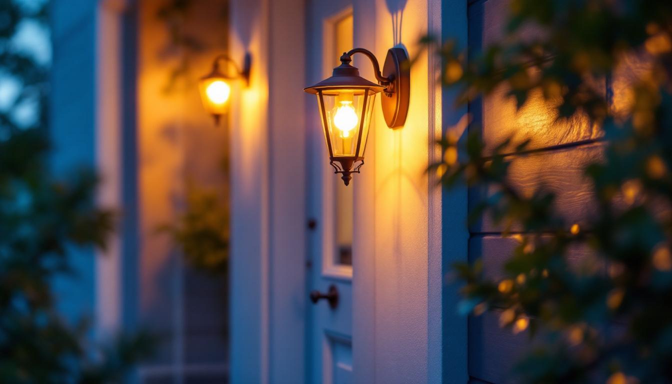 A photograph of a beautifully illuminated front door with an elegant outdoor light fixture