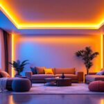 A photograph of a beautifully designed room featuring vibrant led strip lights elegantly installed along the ceiling