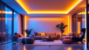 A photograph of a beautifully designed room featuring vibrant led strip lights elegantly installed along the ceiling
