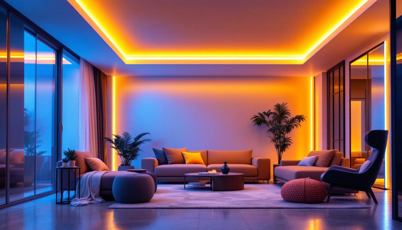 A photograph of a beautifully designed room featuring vibrant led strip lights elegantly installed along the ceiling