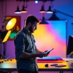 A photograph of a lighting contractor expertly demonstrating different light sources and their effects on color rendition