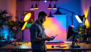 A photograph of a lighting contractor expertly demonstrating different light sources and their effects on color rendition