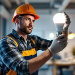 A photograph of a lighting contractor expertly installing an intermediate base led lamp in a modern workspace