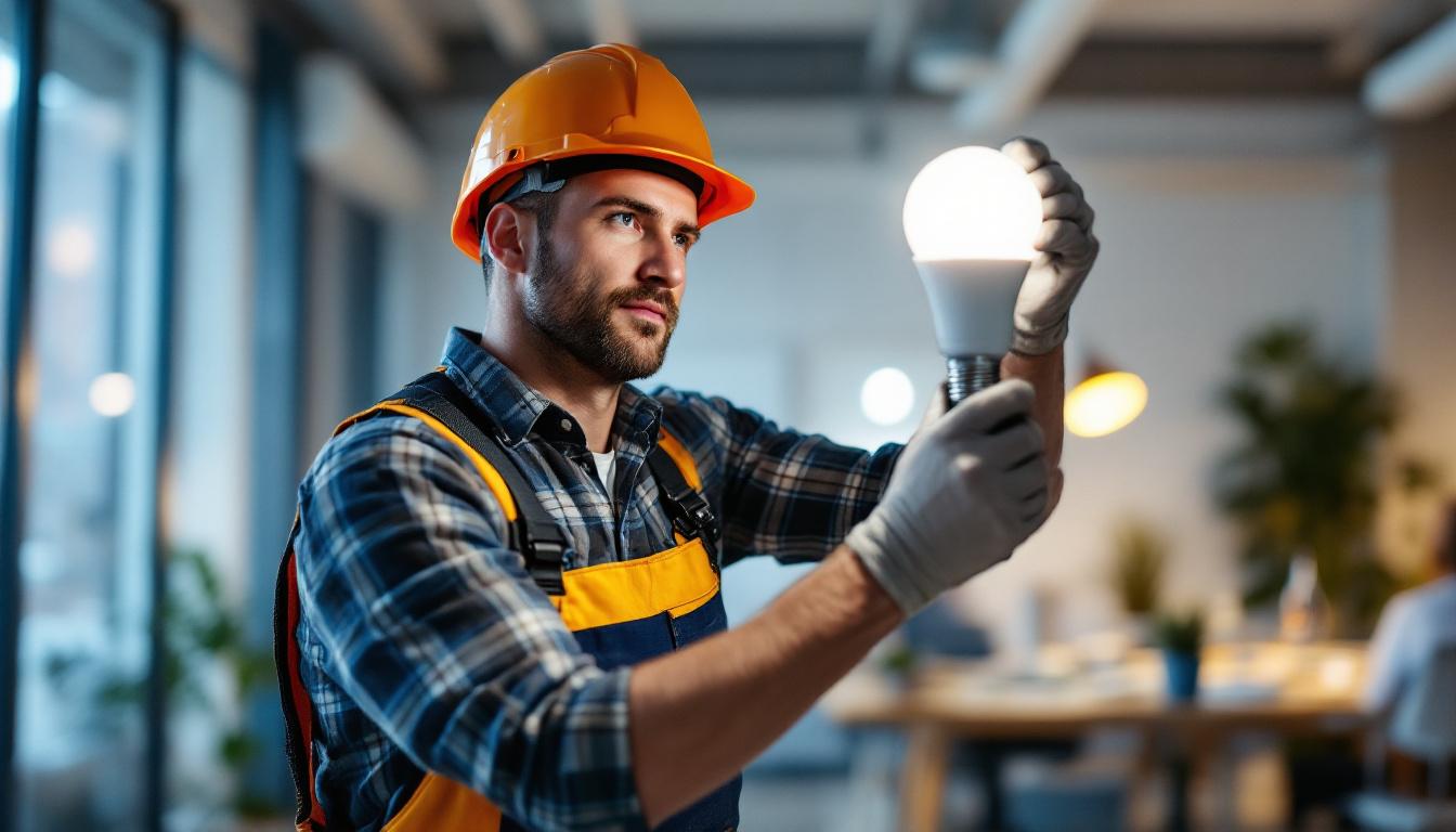 A photograph of a lighting contractor expertly installing an intermediate base led lamp in a modern workspace