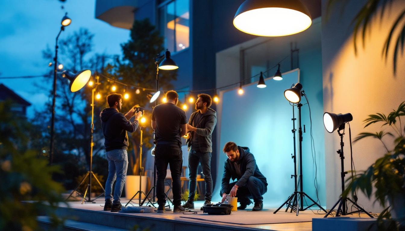A photograph of a well-lit outdoor space showcasing various affordable light fixtures in use