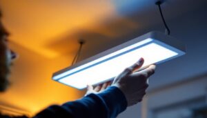 A photograph of a 12-inch led light installed in a modern home setting