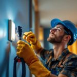 A photograph of a lighting contractor carefully installing or adjusting a switching sensor in a residential or commercial setting