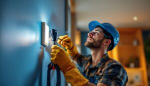 A photograph of a lighting contractor carefully installing or adjusting a switching sensor in a residential or commercial setting