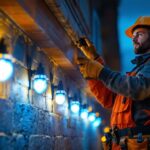 A photograph of a lighting contractor installing solar blue lights in a residential or commercial setting