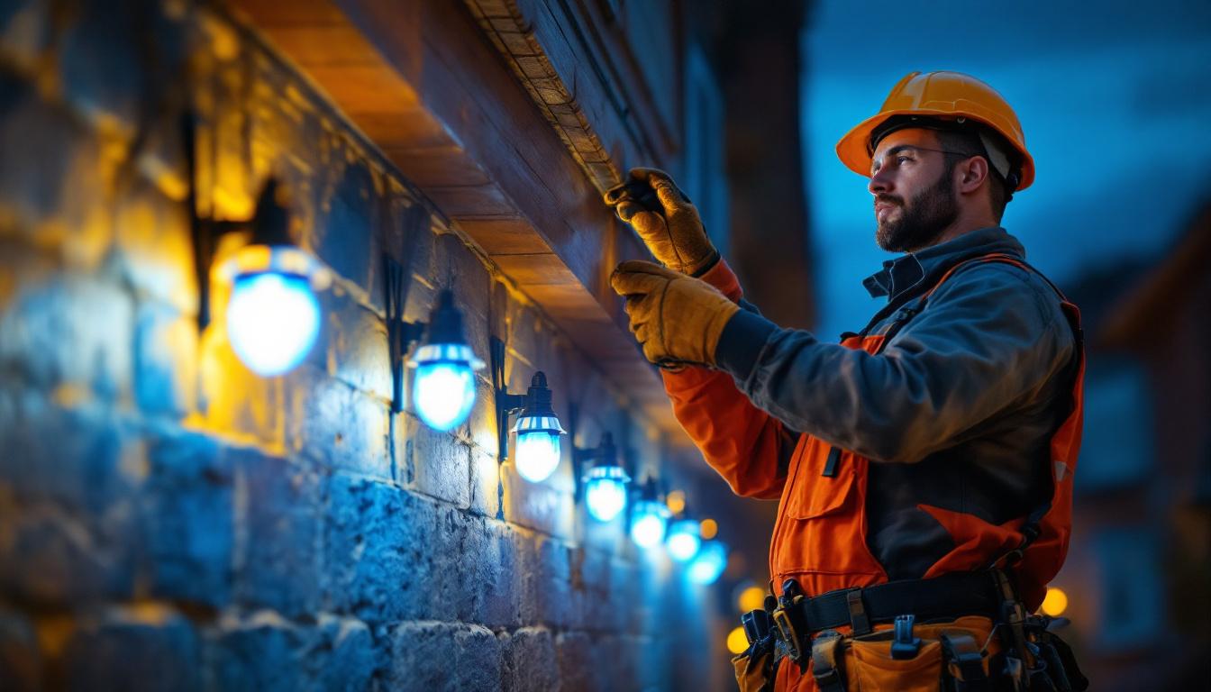 A photograph of a lighting contractor installing solar blue lights in a residential or commercial setting