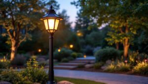 A photograph of a beautifully designed low voltage post lantern illuminated at dusk