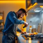 A photograph of a lighting contractor installing under cabinet plug-in lights in a modern kitchen