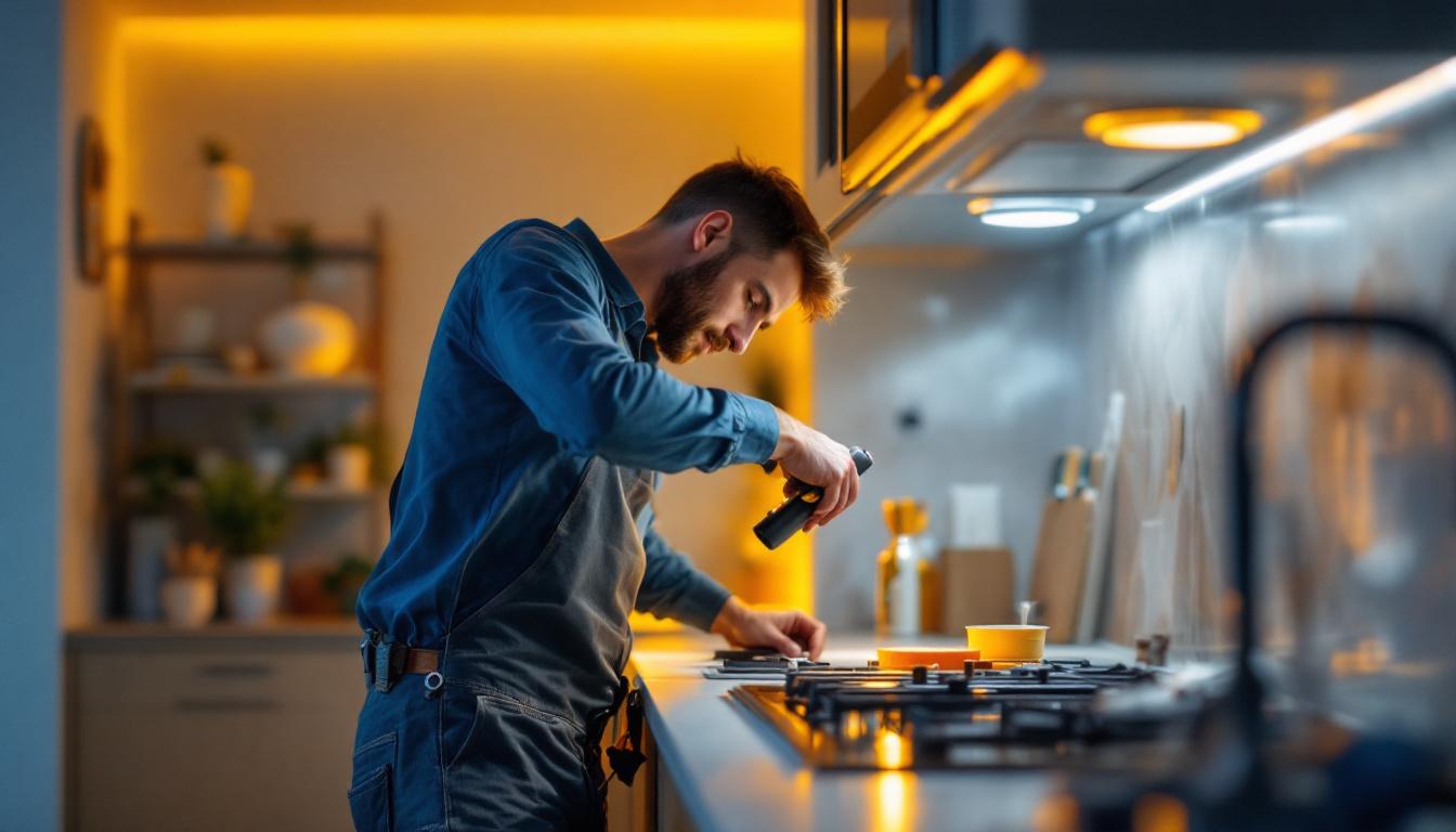 A photograph of a lighting contractor installing under cabinet plug-in lights in a modern kitchen