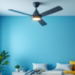A photograph of a beautifully designed room featuring a modern light and ceiling fan combo