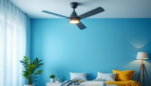 A photograph of a beautifully designed room featuring a modern light and ceiling fan combo