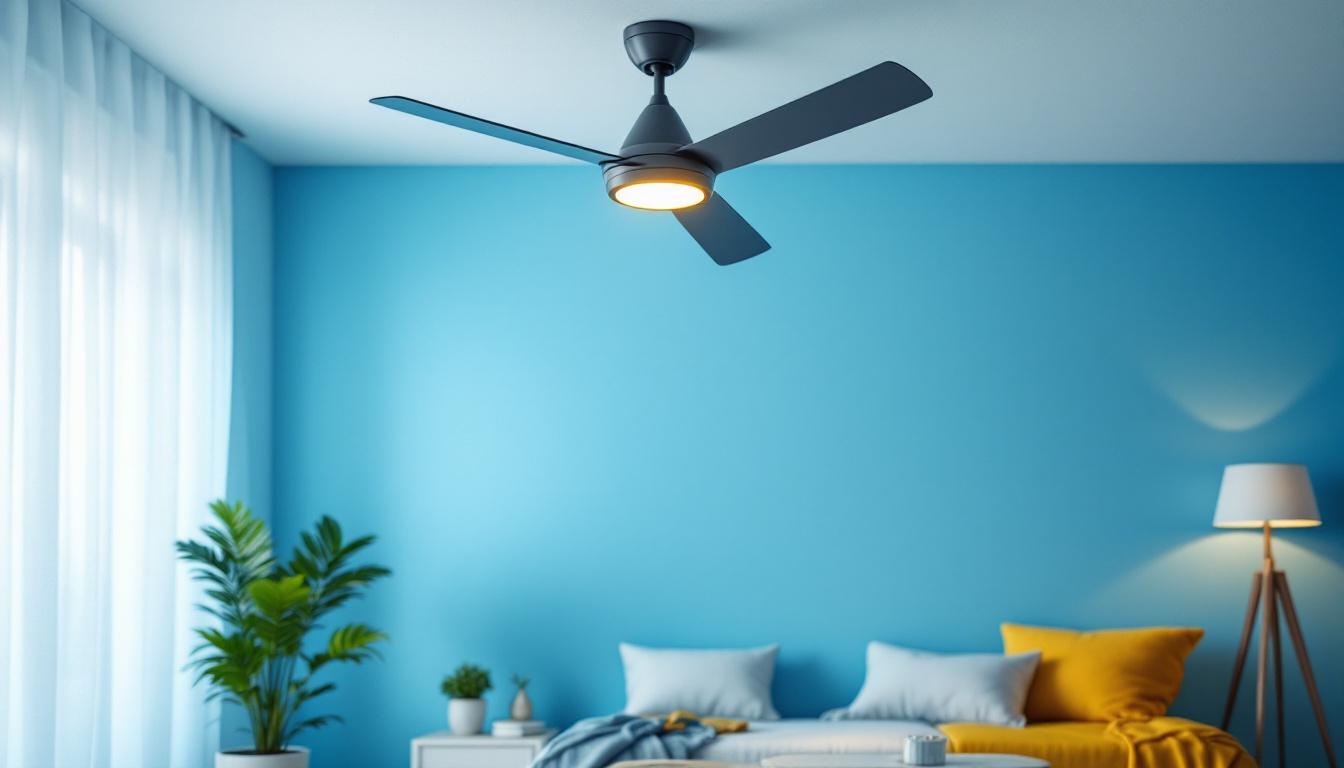 A photograph of a beautifully designed room featuring a modern light and ceiling fan combo