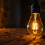 A photograph of a modern led light bulb glowing brightly in a dimly lit room