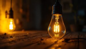 A photograph of a modern led light bulb glowing brightly in a dimly lit room