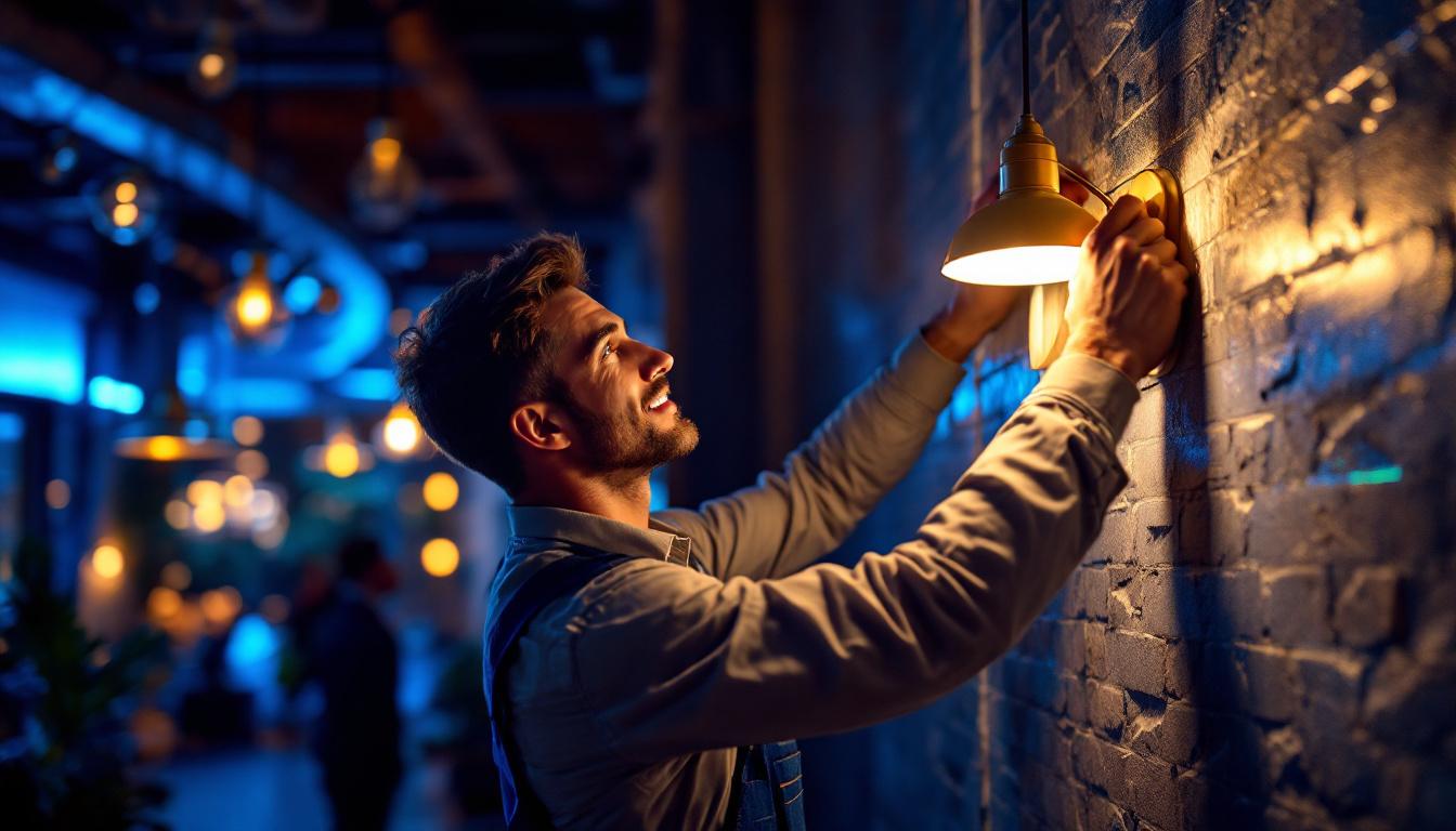 A photograph of a lighting contractor skillfully installing or adjusting a stylish light fixture in a beautifully illuminated space